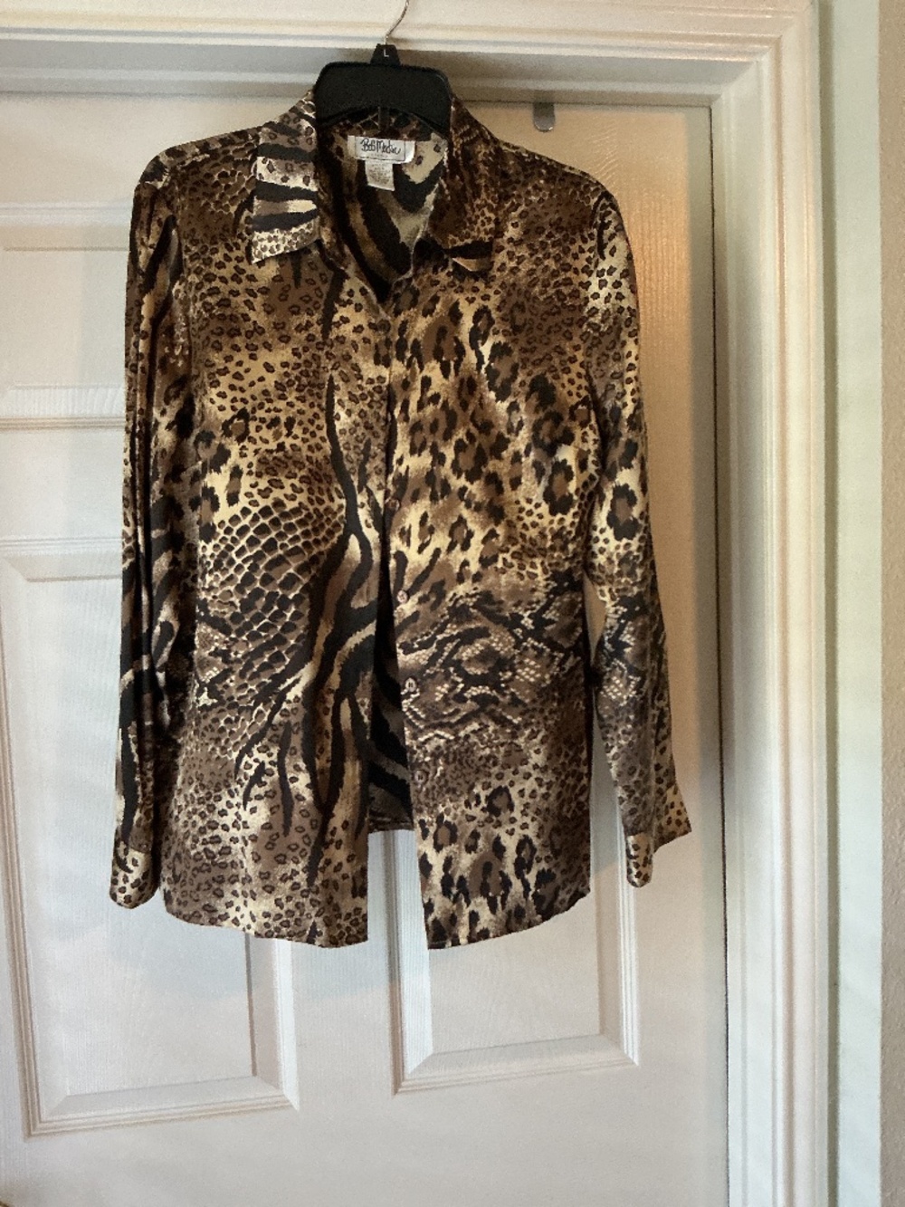Bob Mackie blouse, size 12, black/tan print